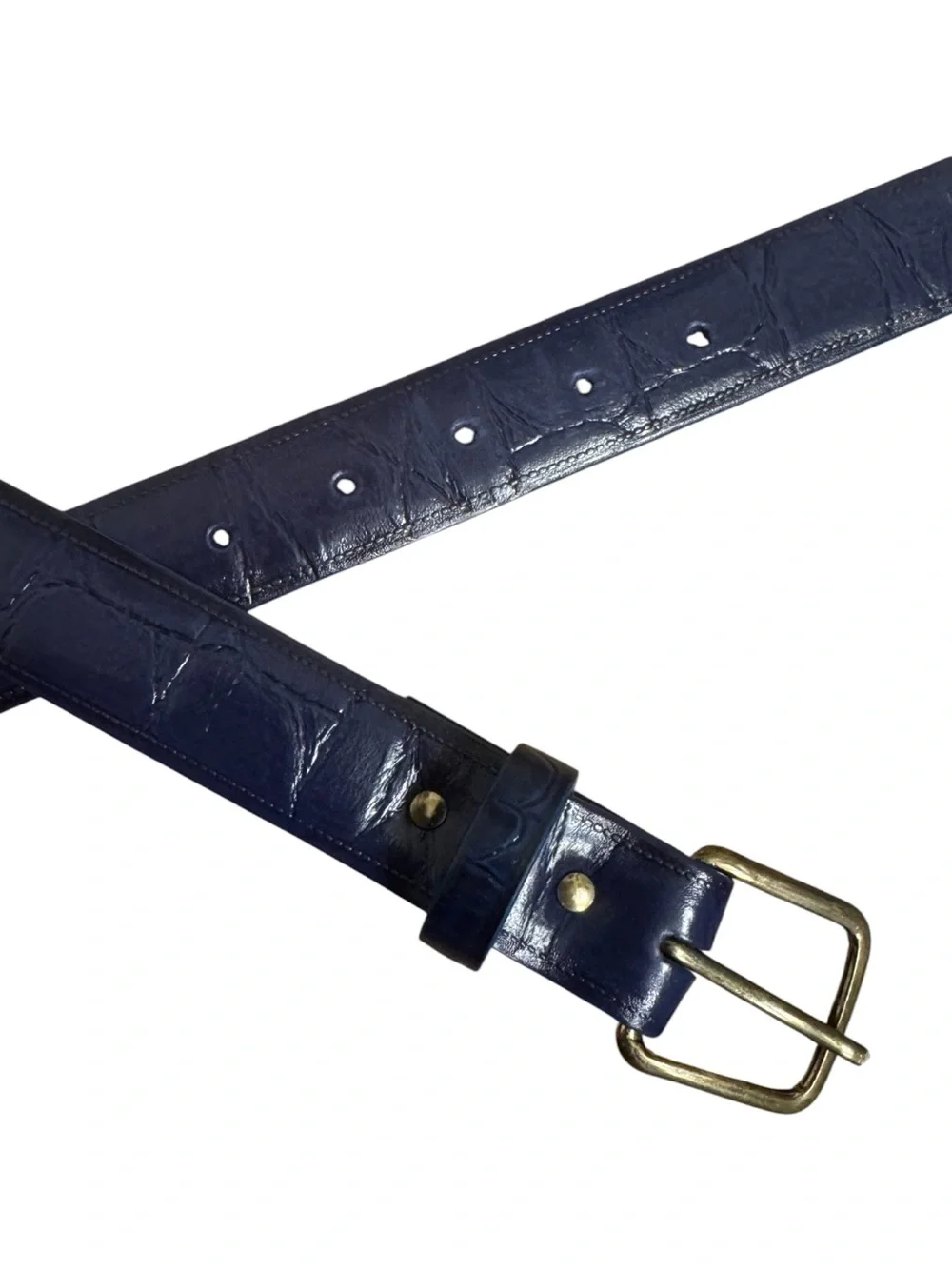 ✨💙VTG Women’s 80’s Blue Leather Croc-Embossed Gold Buckle Minimalist Belt
